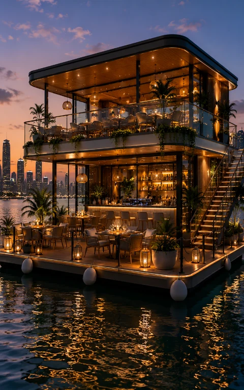 Two-level Cavelle deck lounge and bar with city skyline at dusk