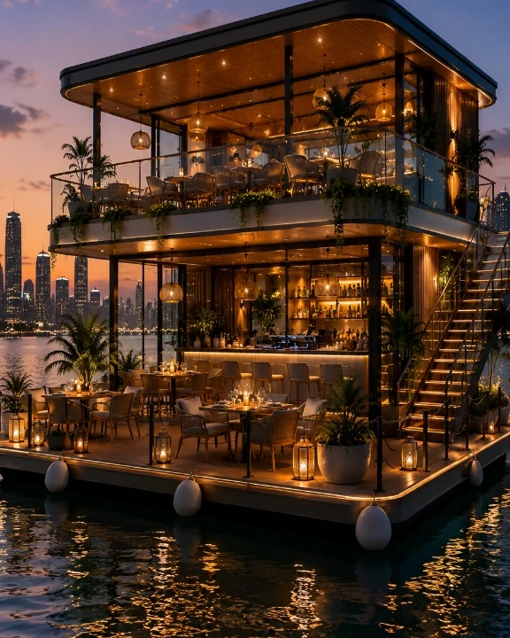 Two-level Cavelle deck lounge and bar with city skyline at dusk