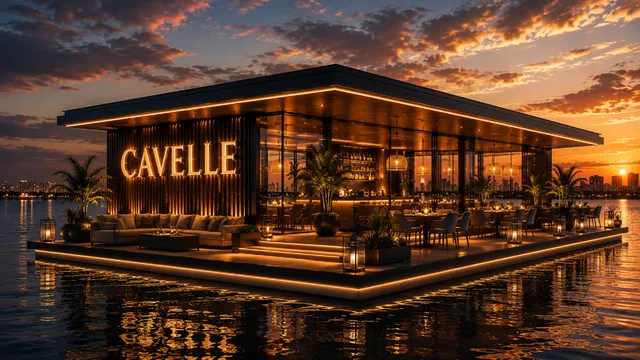 Cavelle floating coffee lounge glowing at dusk