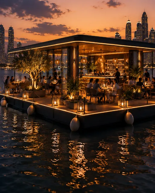 Cavelle floating lounge with marina skyline at dusk