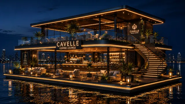 Two-level Cavelle Coffee Lounge floating terrace illuminated at night with city skyline