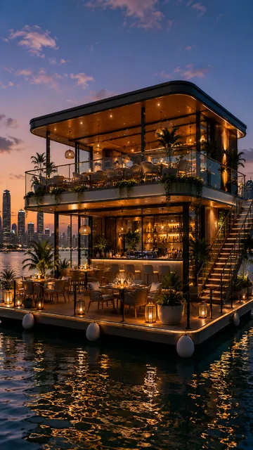Cavelle Coffee Lounge terrace at twilight with city skyline