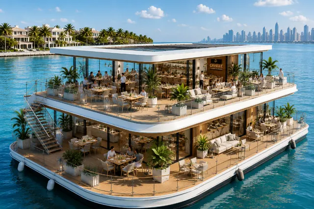 Cavelle floating restaurant rendering with Dubai skyline