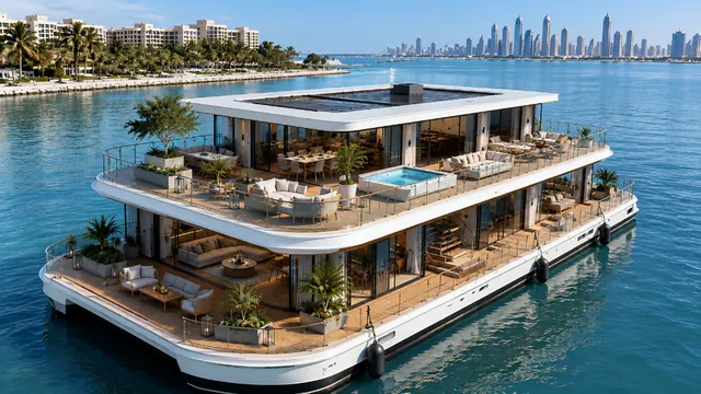 Cavelle floating villa with rooftop pool and solar canopy by day