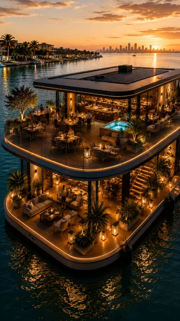 Cavelle floating villa terrace dining at golden hour