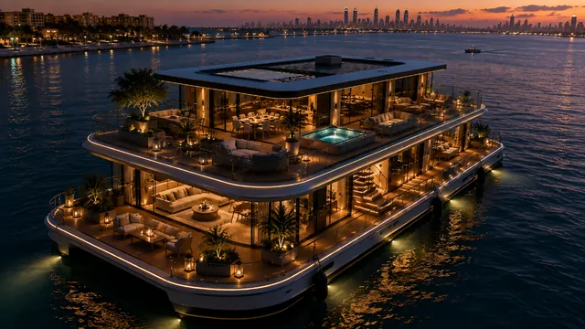 Cavelle floating villa with rooftop pool and solar canopy at sunset