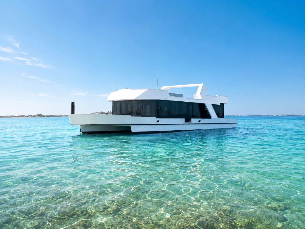 A yacht at anchor in clear turquoise water, an example of a sourced style