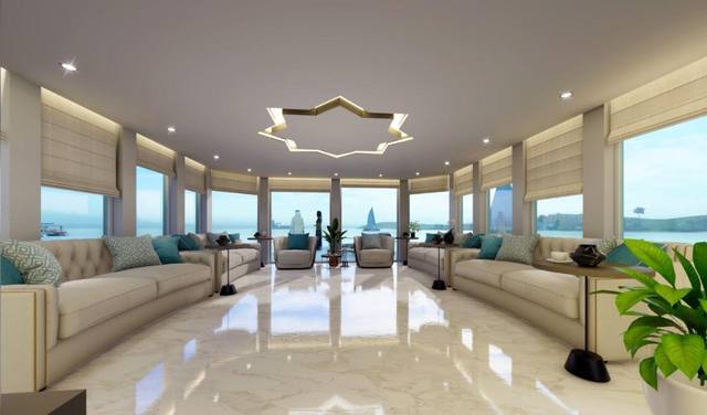 Main lounge, marble floor and panoramic views