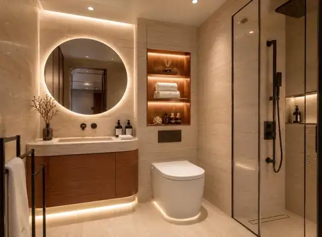 Spa-inspired master bathroom with marble finishes