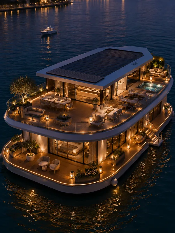Cavelle floating villa illuminated at night on calm water