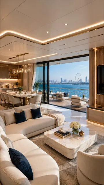 Floating residence interior lounge and dining area with skyline views