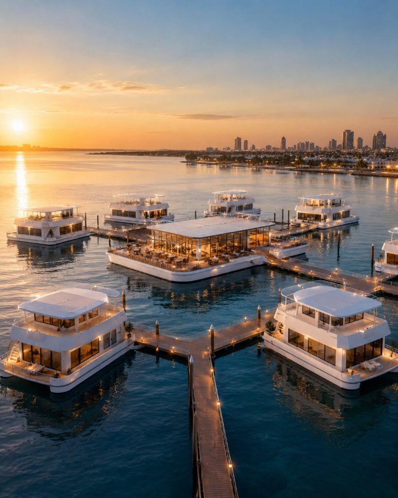 Aerial view of a luxury floating marina community at sunset