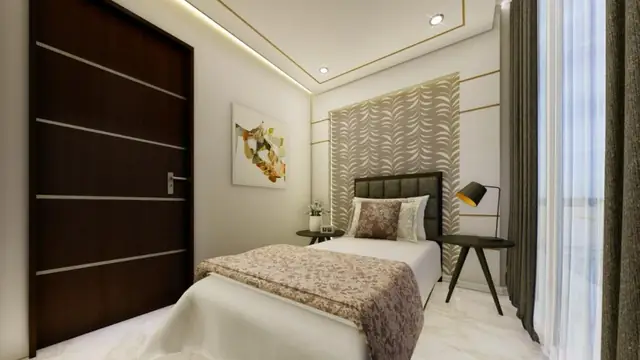 Guest bedroom with upholstered headboard